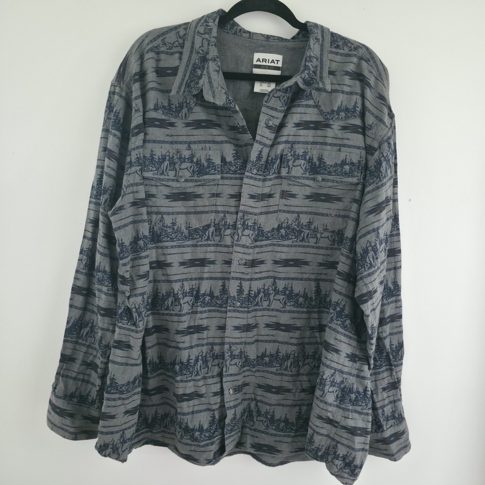 Ariat Harlow Retro Fit Shirt Mens 3X Wolf Tree Scenic Indigo Grey Pearl Snap LS